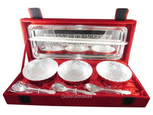 3.5 Inch German Silver 3 Antique Bowl Set With Tray - 2000gms